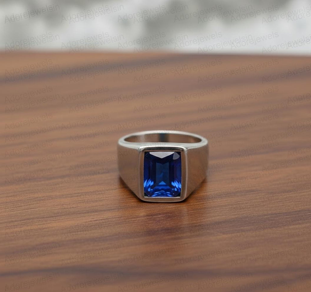 Sterling Silver Signet Ring, Blue Sapphire Hydro, Mens Ottoman Style