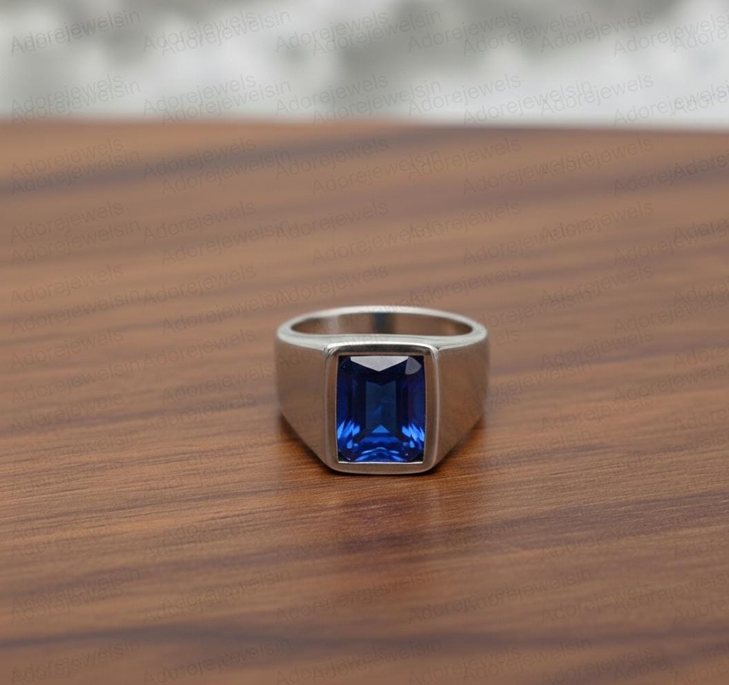 Sterling Silver Signet Ring, Blue Sapphire Hydro, Mens Ottoman Style