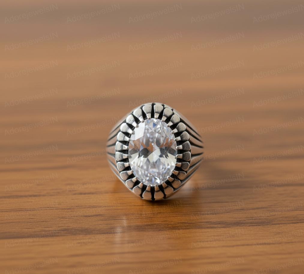 White Topaz Ottoman Signet Ring, Solid Sterling Silver Mens Ring
