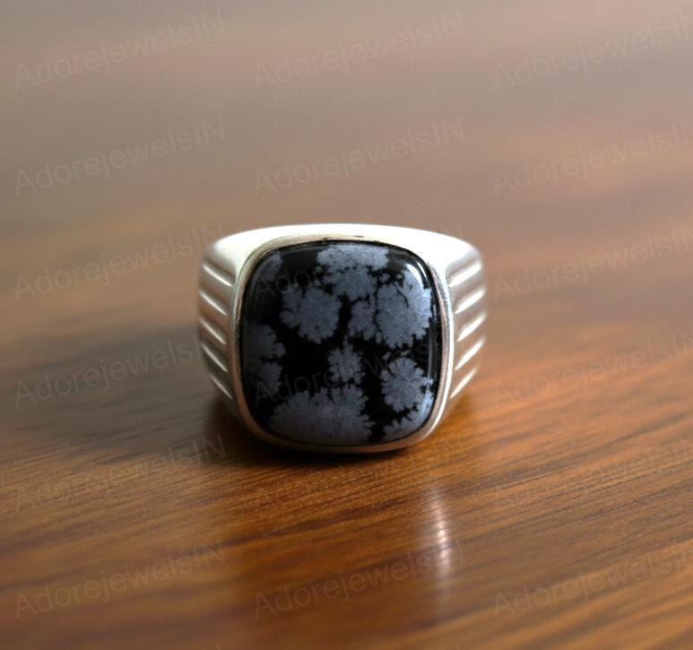 Sterling Silver Snowflake Obsidian Ring, Cushion Gemstone (14x14mm)