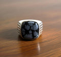 Sterling Silver Snowflake Obsidian Ring, Cushion Gemstone (14x14mm)