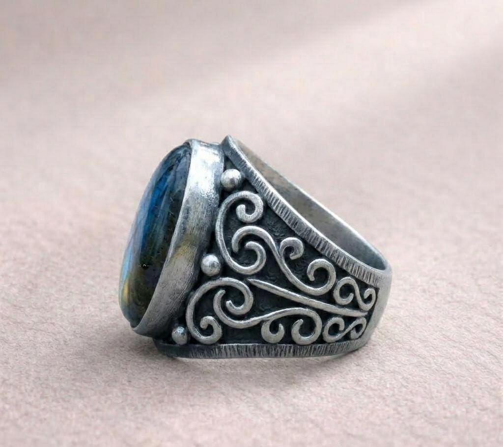 Men's Sterling Silver Ring • Oval Blue Labradorite Gemstone Statement Ring