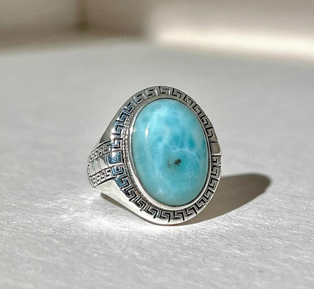 Vintage Texture Sterling Silver Larimar Ring (12x16mm)