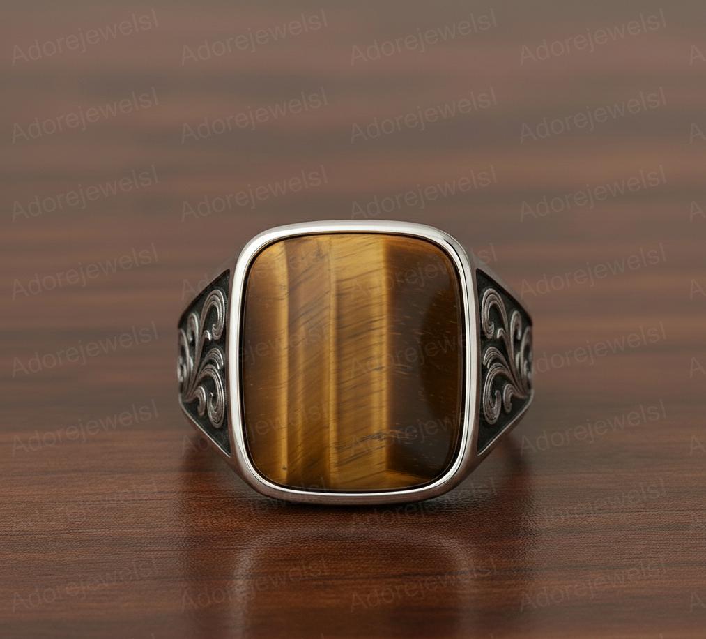 Sterling Silver Signet Ring, Natural Tiger Eye, Floral Band