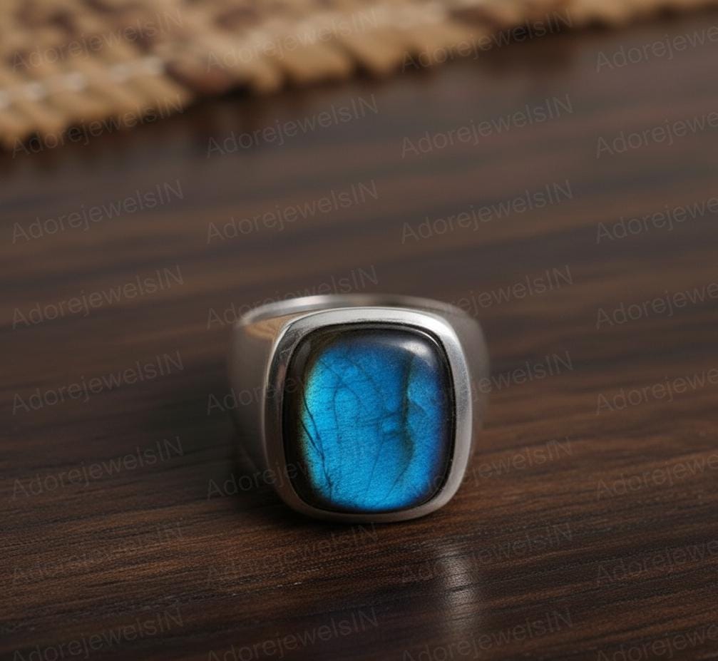 Mens Sterling Silver Labradorite Ring, Greek Design, Oval 12x16mm
