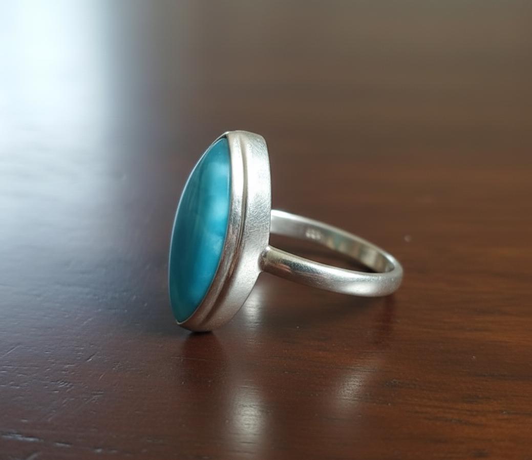 Natural Larimar Ring, Solid Sterling Silver, Marquise Gemstone
