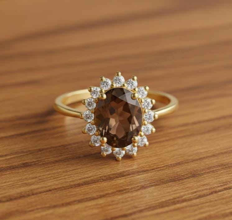 Natural Smoky Quartz Oval Ring, 925 sterling silver, Prong Setting (8x10mm)