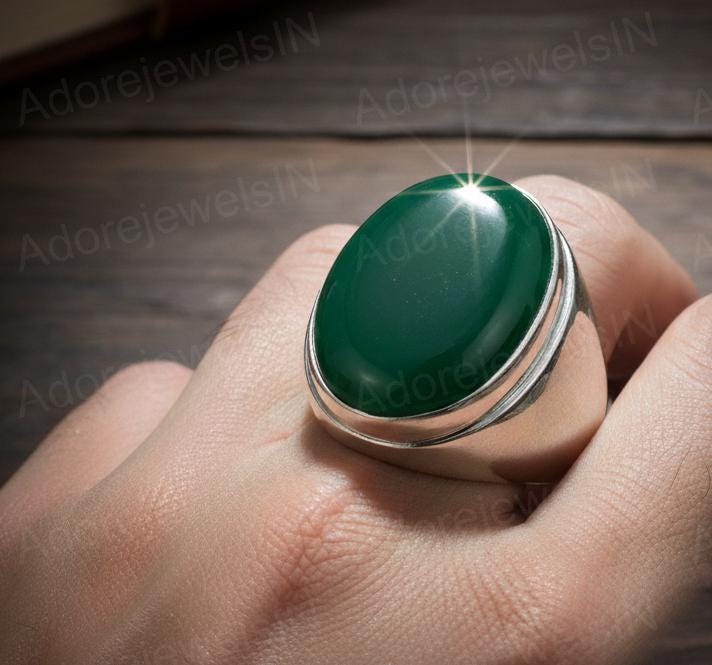 Sterling Silver Green Onyx Ring, Ottoman Style Signet Ring