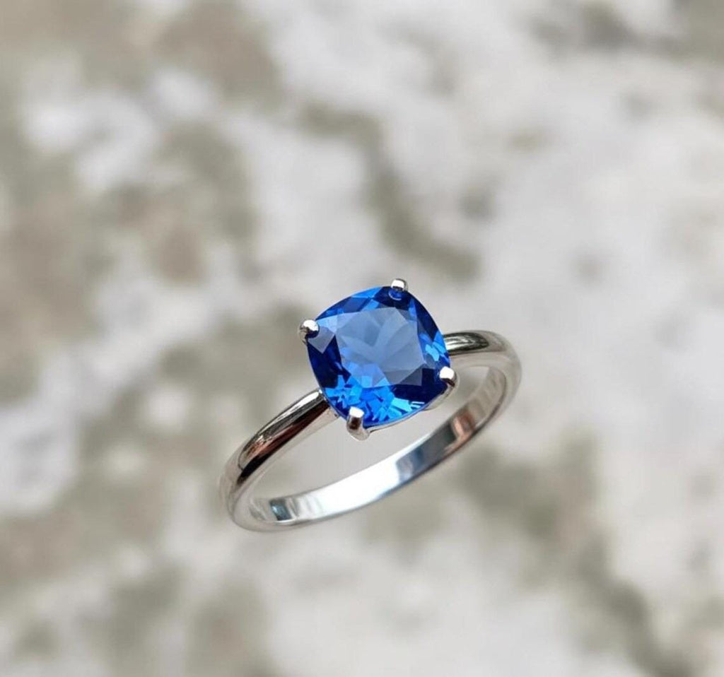 Cushion Cut Sapphire Ring, Solid Sterling Silver, Wife Gift, 10mm,