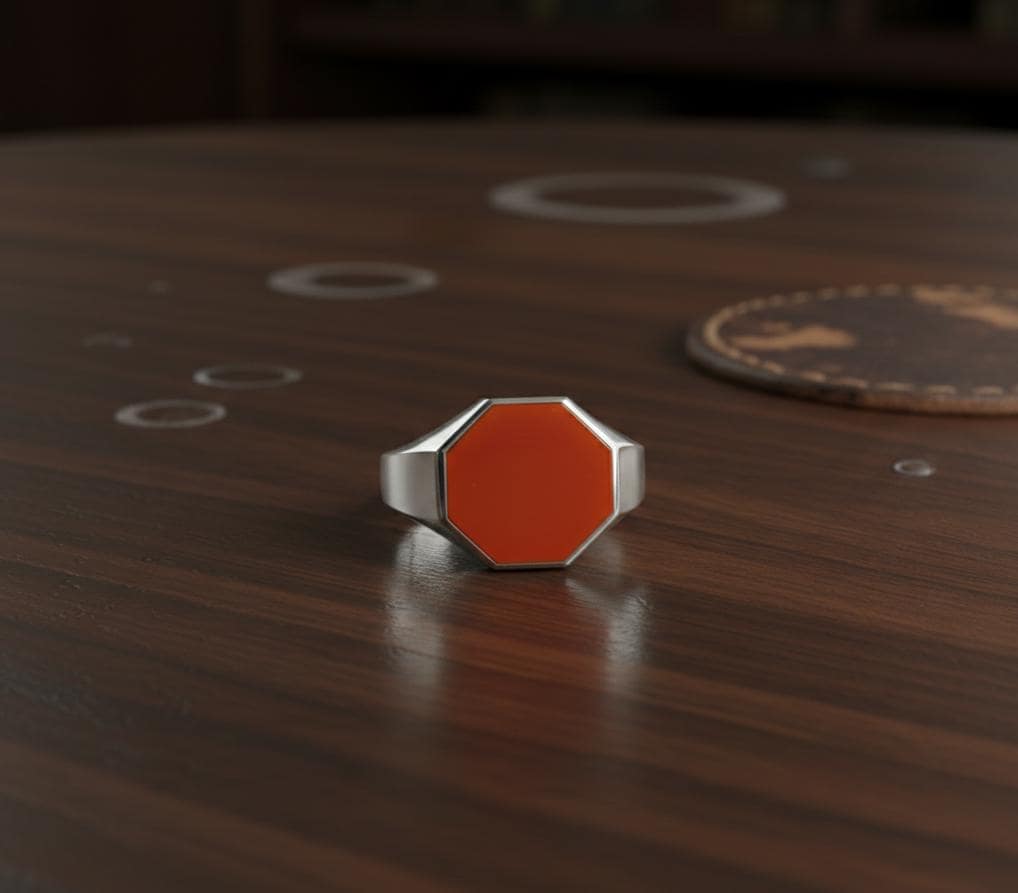 Sterling Silver Signet Ring, Mens Carnelian Hexagon Ring