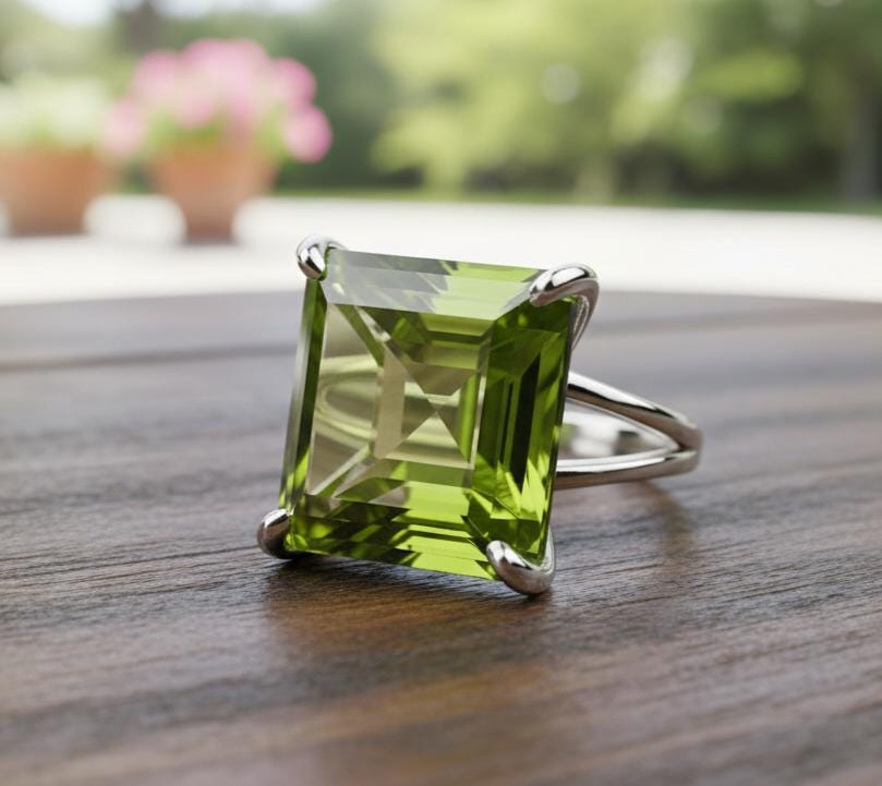 Sterling Silver Peridot Ring, Square Faceted Gemstone, Anniversary Gift