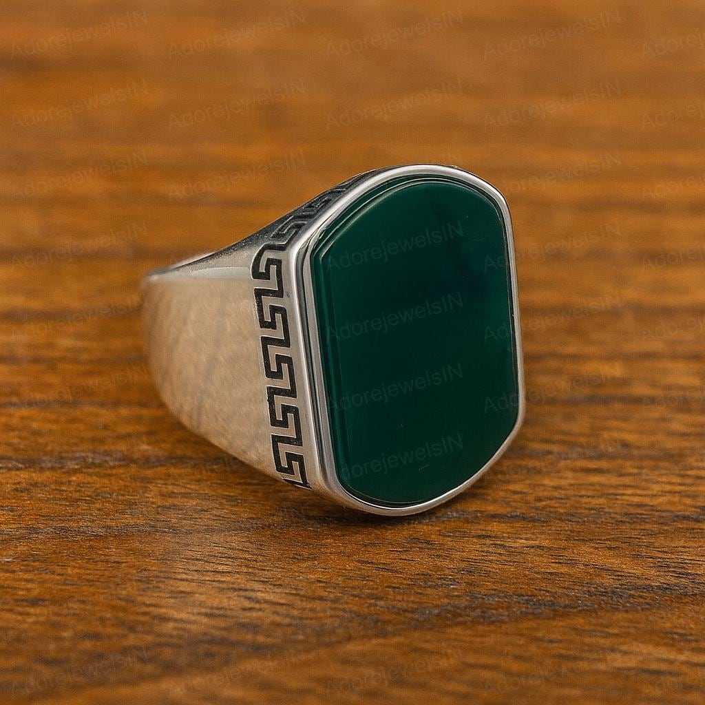 Solid 925 Sterling Silver Ring, Natural Green Onyx Ring For Mens, 12x16mm Green Onyx, Classic Green Onyx Mens Ring, Green Design Mens Ring