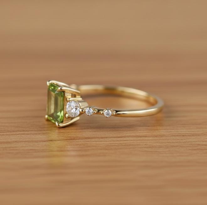 Vintage Peridot Ring, Gold Vermeil, Art Deco Emerald Cut, August Birthstone, Oval Gemstone