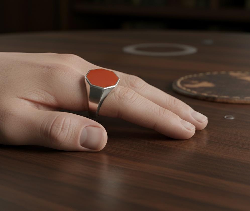 Sterling Silver Signet Ring, Mens Carnelian Hexagon Ring