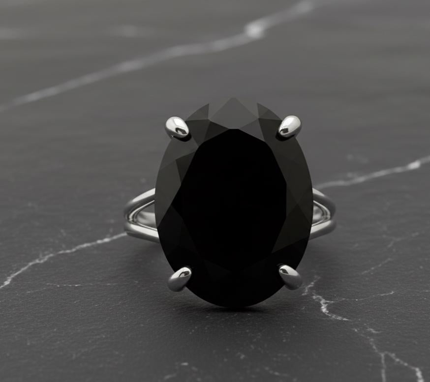 Sterling Silver Black Onyx Ring, Oval Faceted, Prong Setting