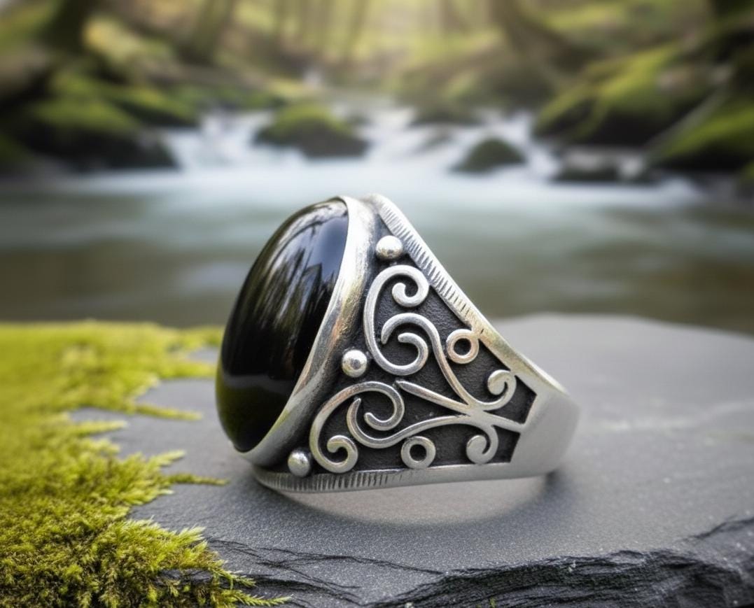 Oxidized Sterling Silver Signet Ring, Black Onyx, Vintage Floral Mens Ring