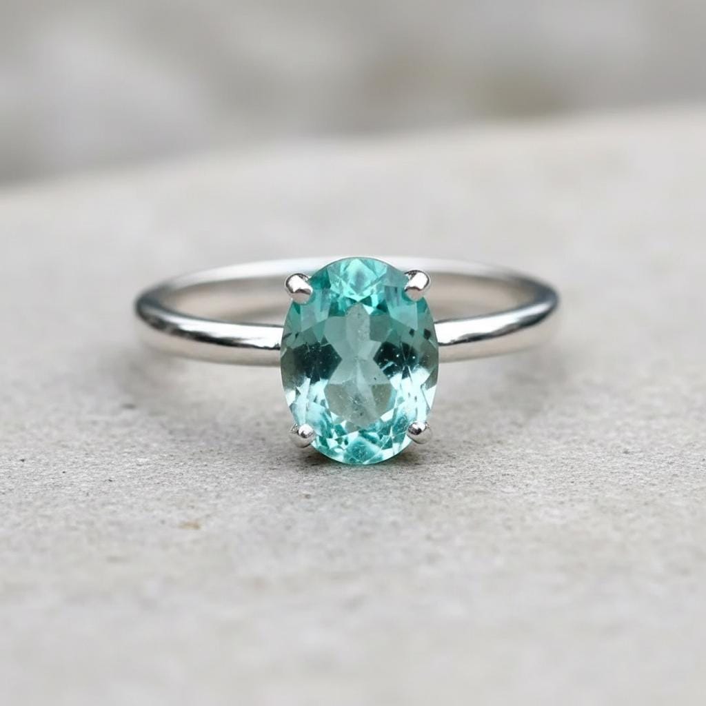 Paraiba Emerald Sterling Silver Ring, Oval Cut (10x14mm)