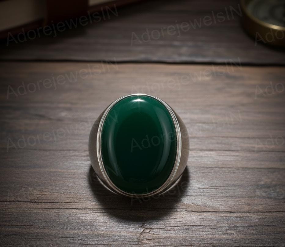 Sterling Silver Green Onyx Ring, Ottoman Style Signet Ring