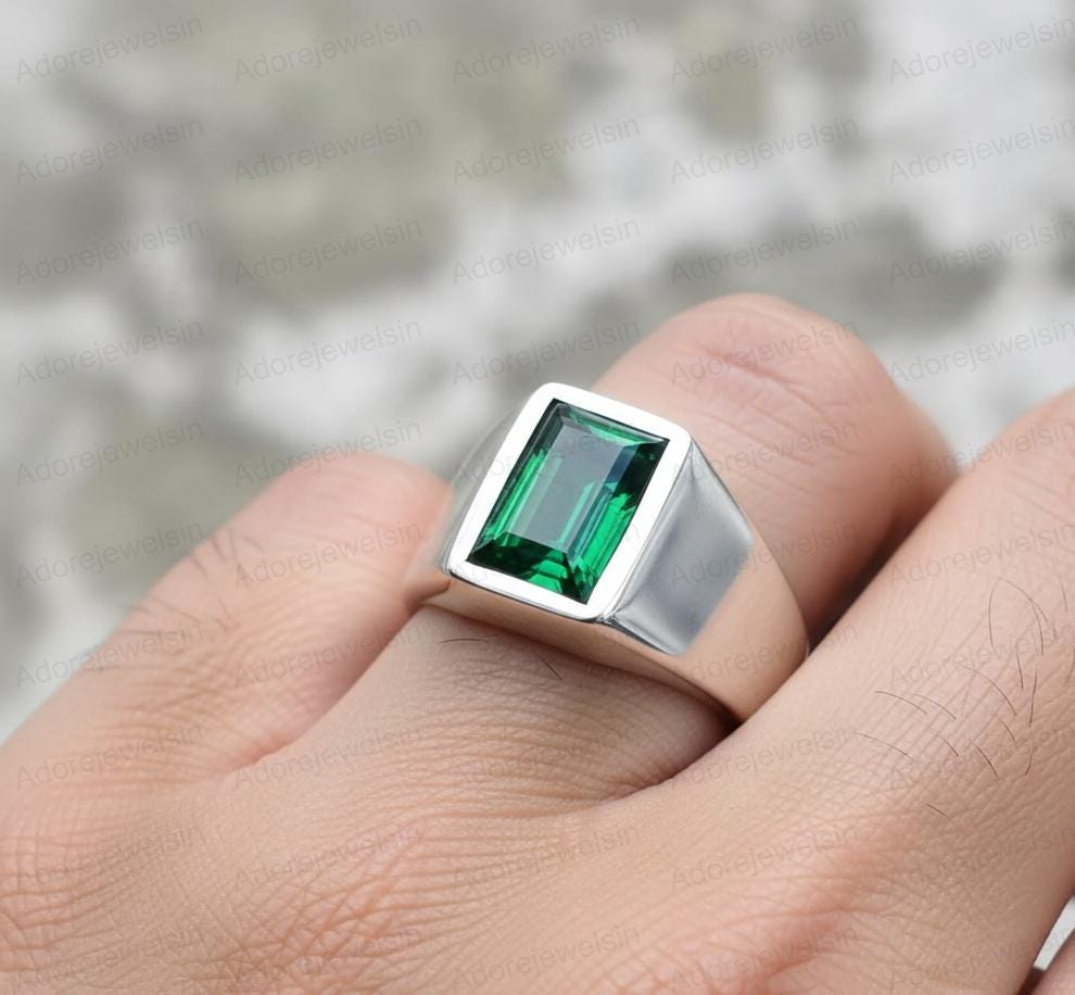 Sterling Silver Green Tourmaline Signet Ring, Emerald Cut