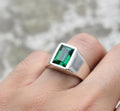 Sterling Silver Green Tourmaline Signet Ring, Emerald Cut