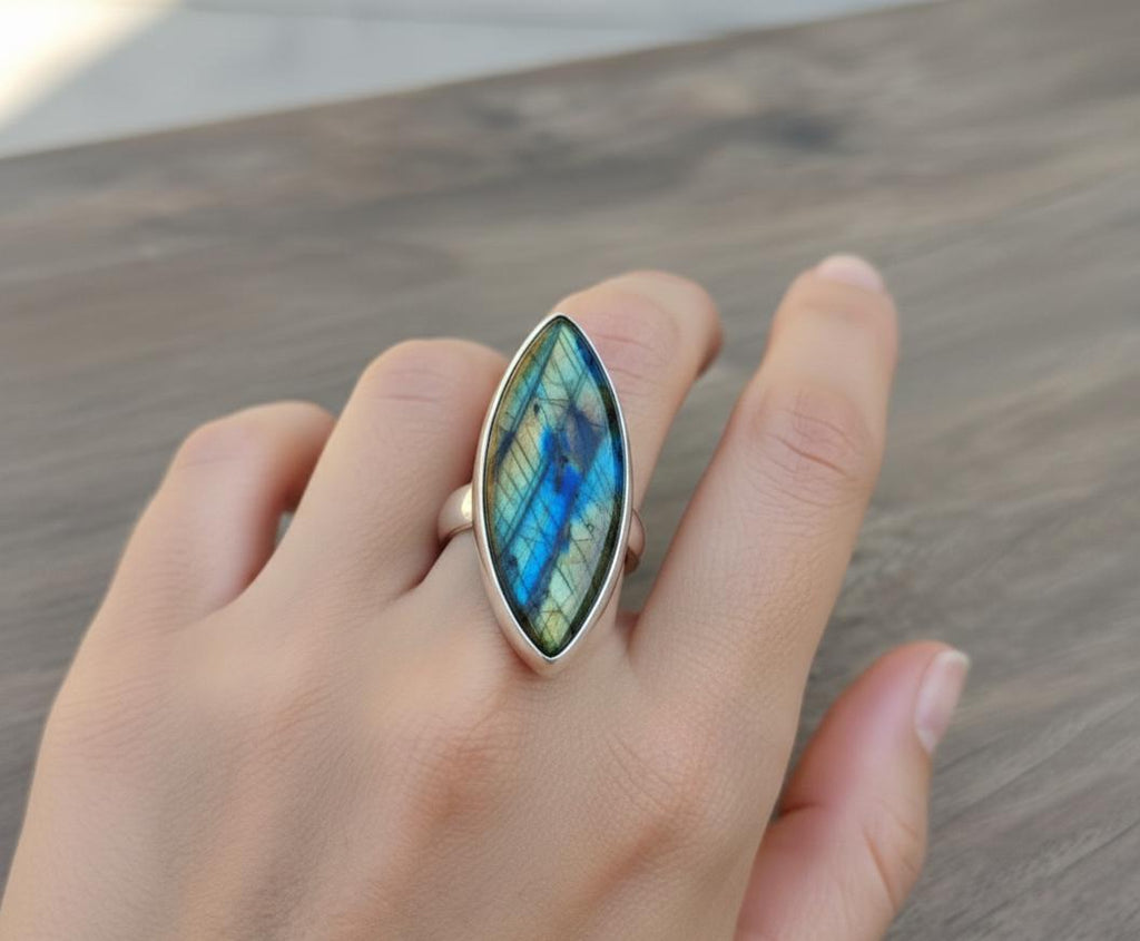 Madagascar Labradorite Ring, Marquise 925 Sterling Silver, Large Gemstone