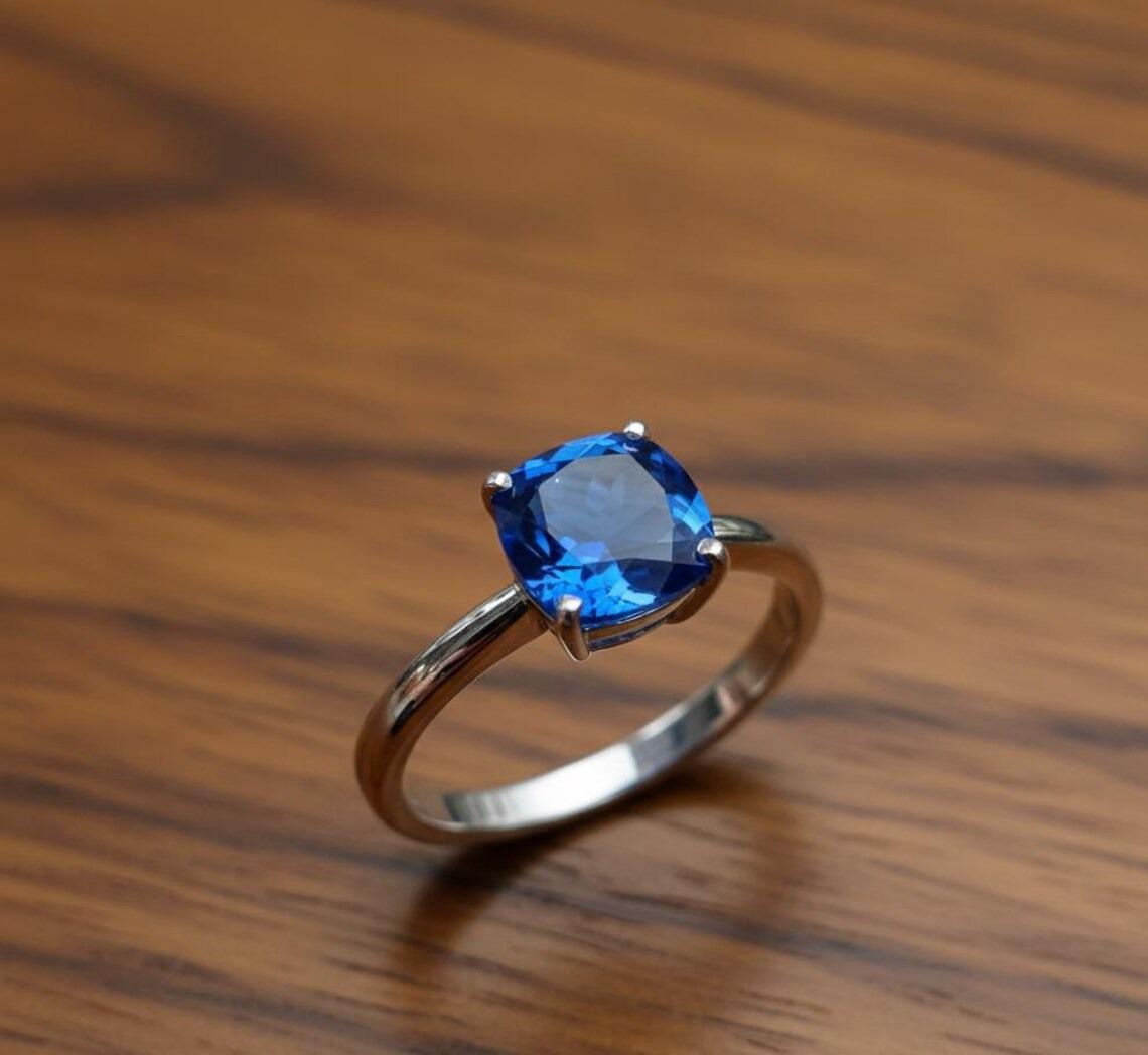 Cushion Cut Sapphire Ring, Solid Sterling Silver, Wife Gift, 10mm,