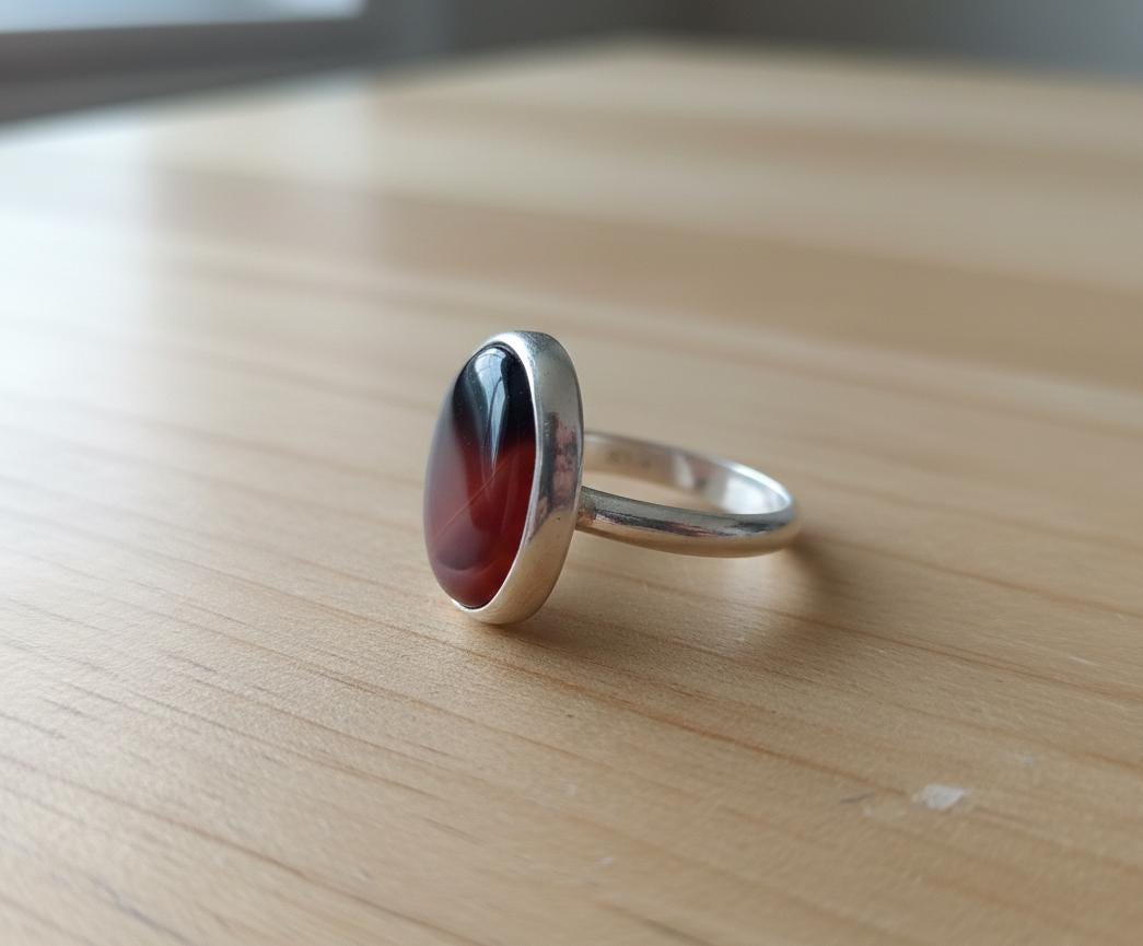 Natural Blood Agate Gemstone Ring, 22x16mm Oval Cabochon Blood Stone Ring, Bezel Setting, Wife Best Ring, Valentine Promise Ring Large Stone