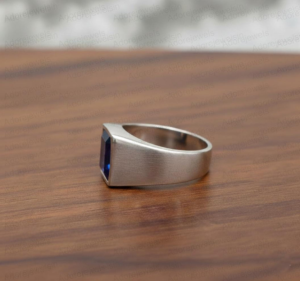 Sterling Silver Signet Ring, Blue Sapphire Hydro, Mens Ottoman Style