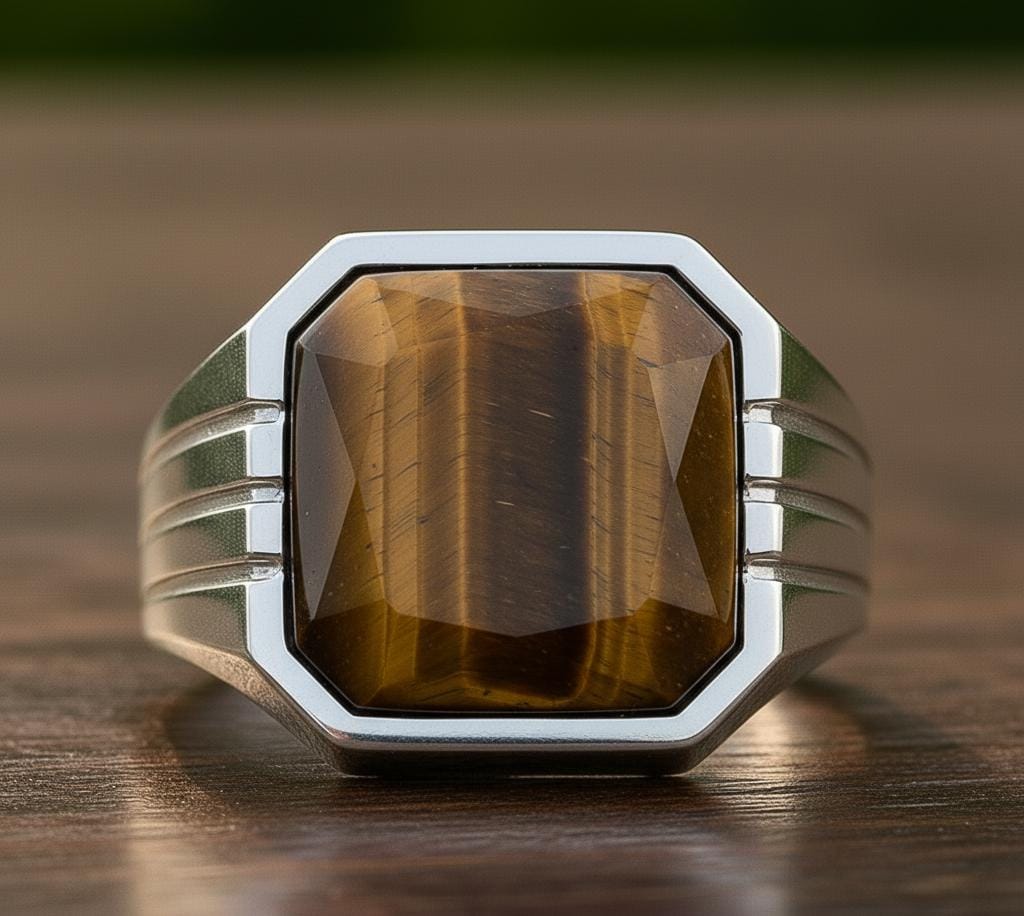 Sterling Silver Signet Ring, Natural Yellow Tiger Eye, Mens Heavy Ring, Faceted Cut Gemstone