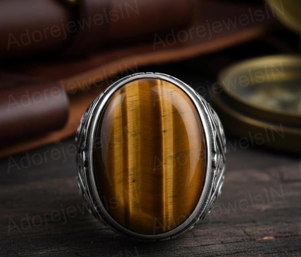 Mens Floral Sterling Silver Ring, Oval Tiger eye (12x16mm)