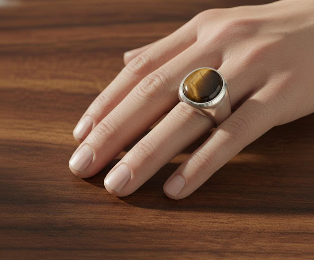 Sterling Silver Signet Ring, Natural Yellow Tiger Eye, Mens Heavy Ring
