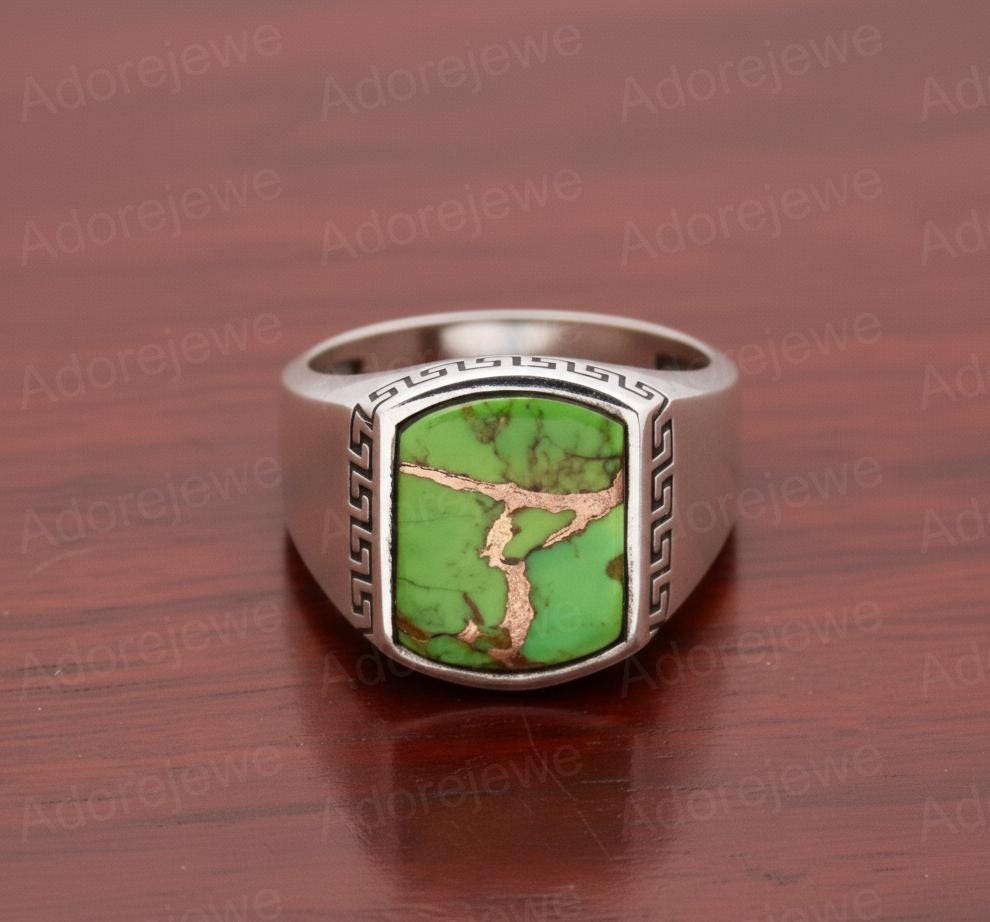 Green Copper Turquoise Sterling Silver Signet Ring, Flat Cushion Stone Mens Ring, Christmas Gift