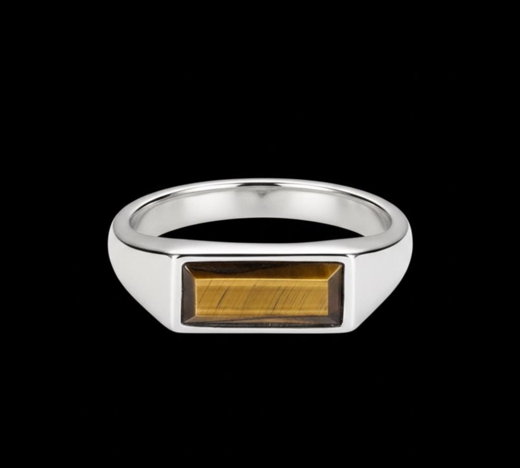 Sterling Silver Signet Ring, Natural Tiger Eye, Stackable Band