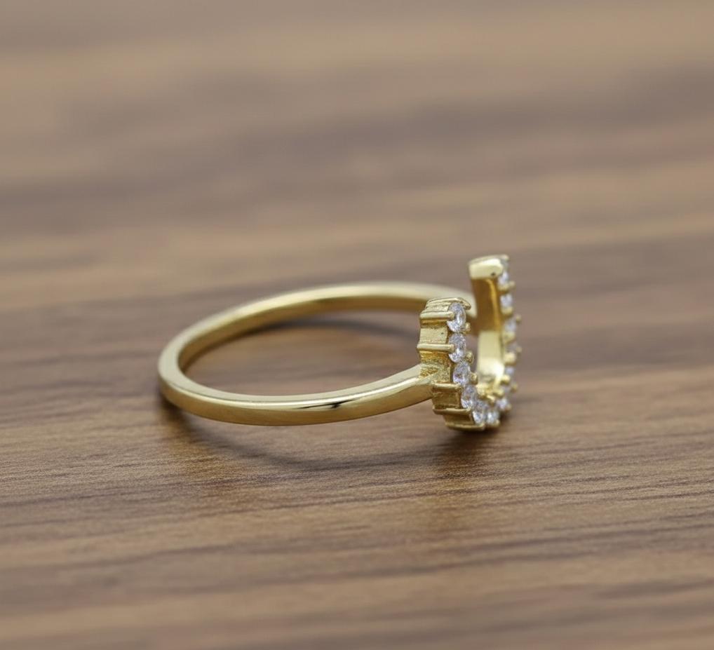 Solid 925 sterling silver Gold Horseshoe Ring with Zircon, Prong Setting Round Stone