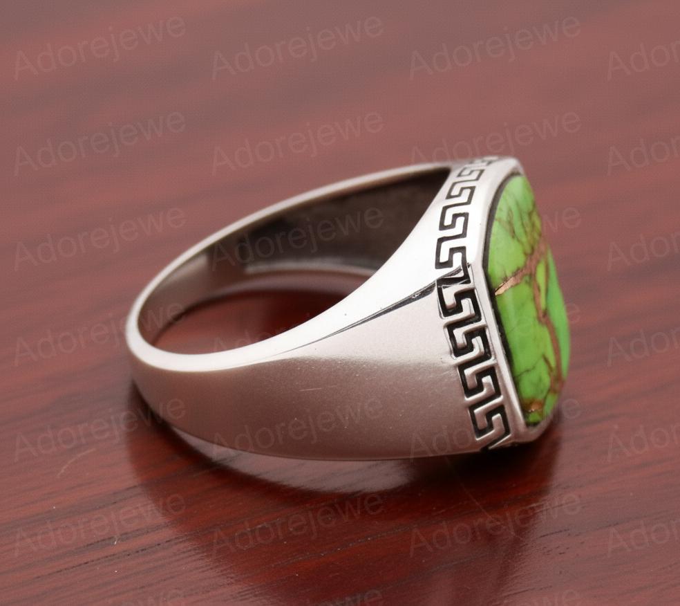 Green Copper Turquoise Sterling Silver Signet Ring, Flat Cushion Stone Mens Ring, Christmas Gift