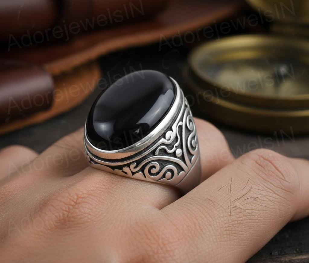 Mens Floral Sterling Silver Ring, Black Onyx (12x16mm)