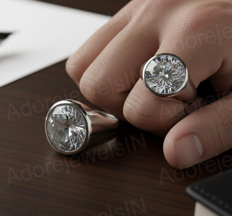 Sterling Silver Moissanite Signet Ring, Mens Heavy Band