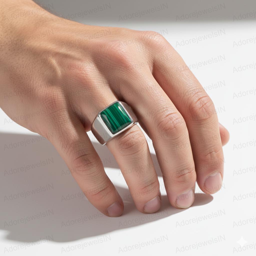 Sterling Silver Malachite Ring, Cushion Cut Gemstone (14x14mm)