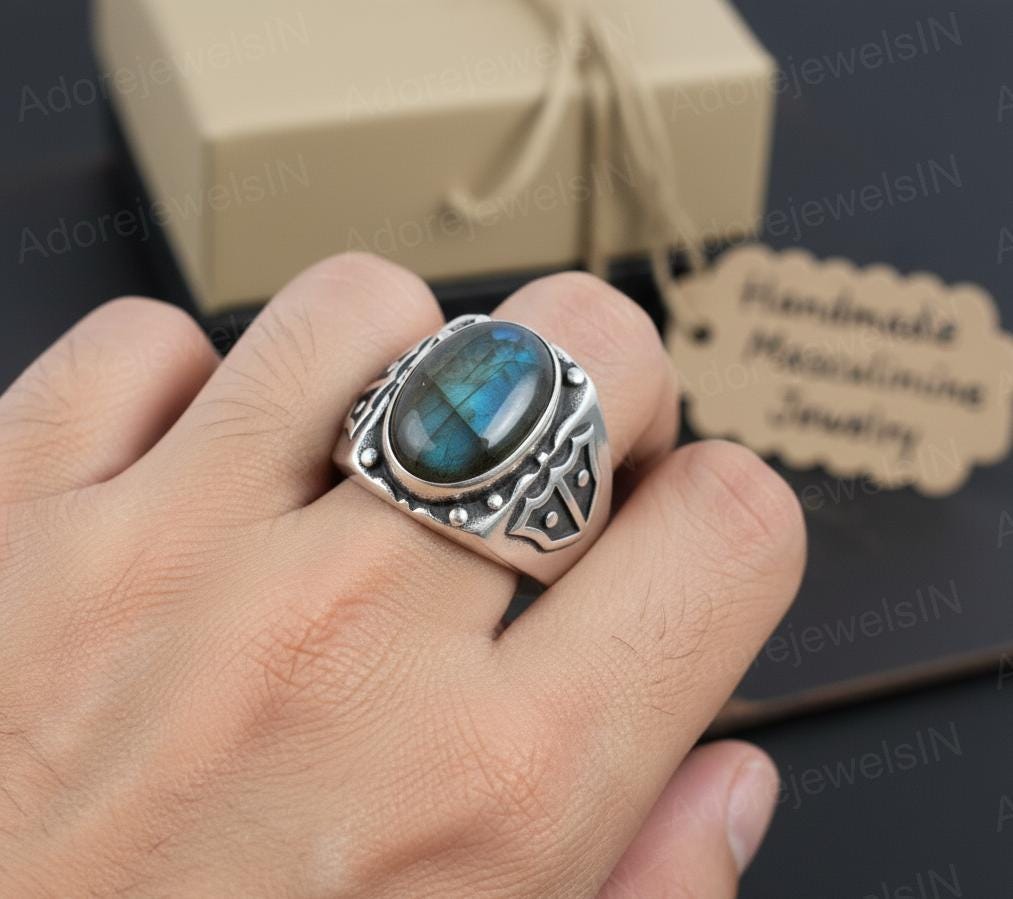 Mens Sterling Silver Labradorite Ring, Greek Design, Oval 12x16mm