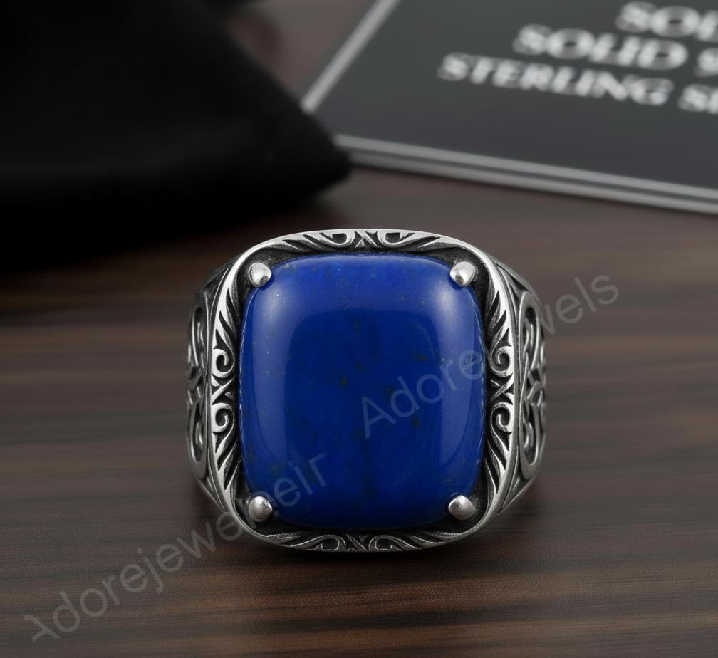 Afghani Lapis Lazuli Octagon Sterling Silver Signet Ring, Turkish Mens Ring