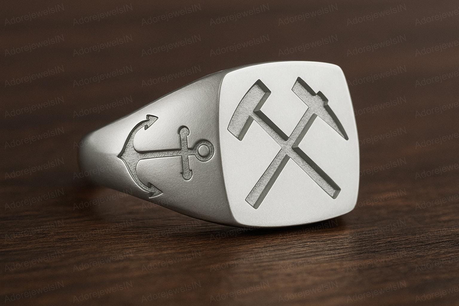 Sterling Silver Hammer Pickaxe Ring, Anchor Nautical Band, Worker Jewelry