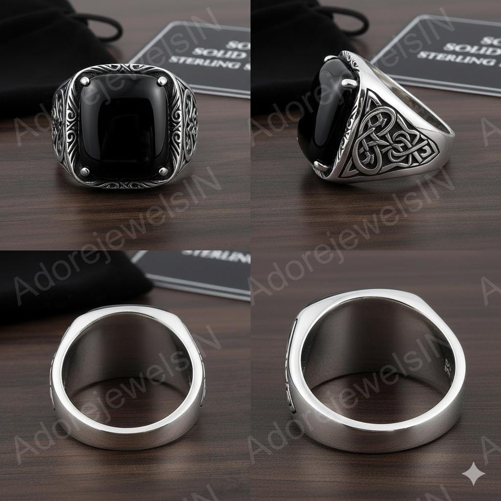 Black Onyx Octagon Sterling Silver Signet Ring, Turkish Mens Ring