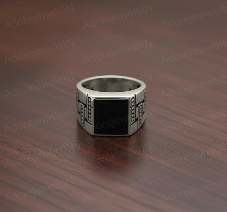 Mens Black Onyx Ring, Solid Sterling Silver, Square Stone
