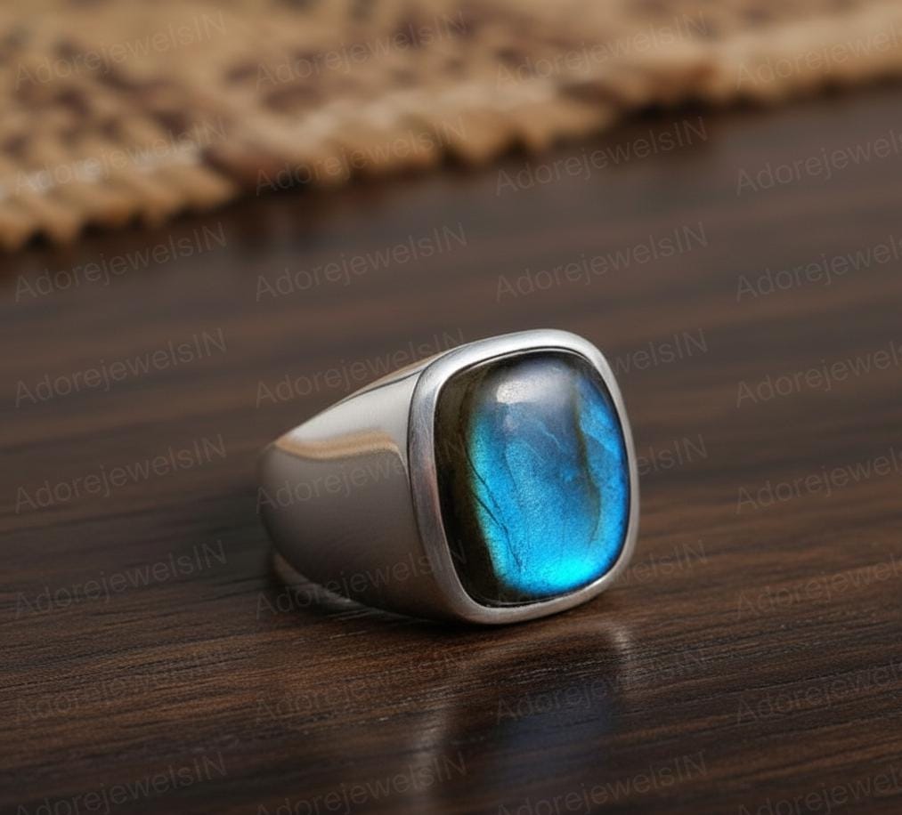 Mens Sterling Silver Labradorite Ring, Greek Design, Oval 12x16mm