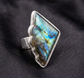 Large Geometric Labradorite Ring, Sterling Silver Statement, Blue Flash Labradorite Jewelry, Unique Scalloped Edge Ring, Boho Gift for Her