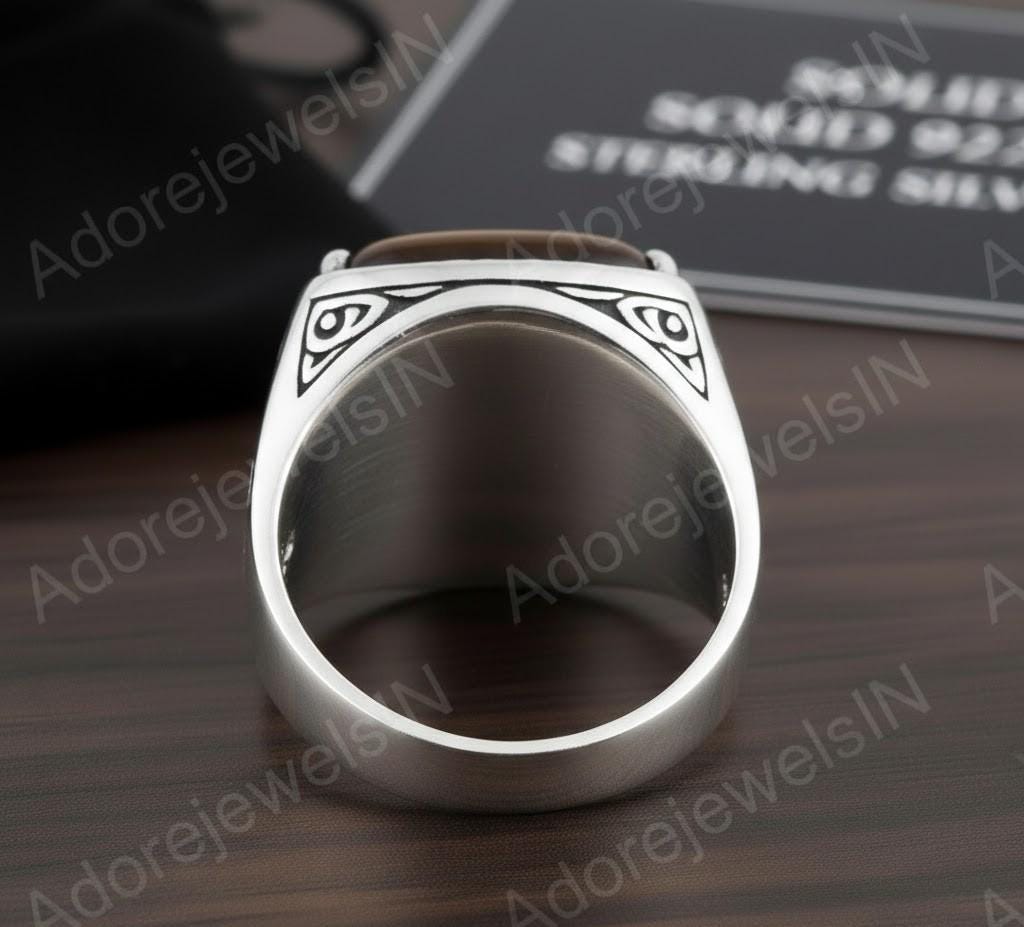 Tiger Eye Octagon Sterling Silver Signet Ring, Turkish Mens Ring