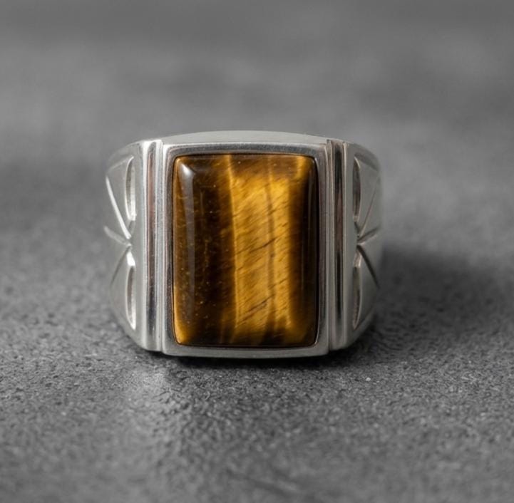 Mens Sterling Silver Brown Tiger eye Ring, Greek Design, Oval 12x16mm