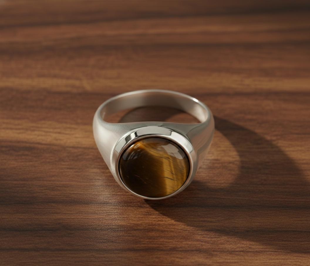 Sterling Silver Signet Ring, Natural Yellow Tiger Eye, Mens Heavy Ring