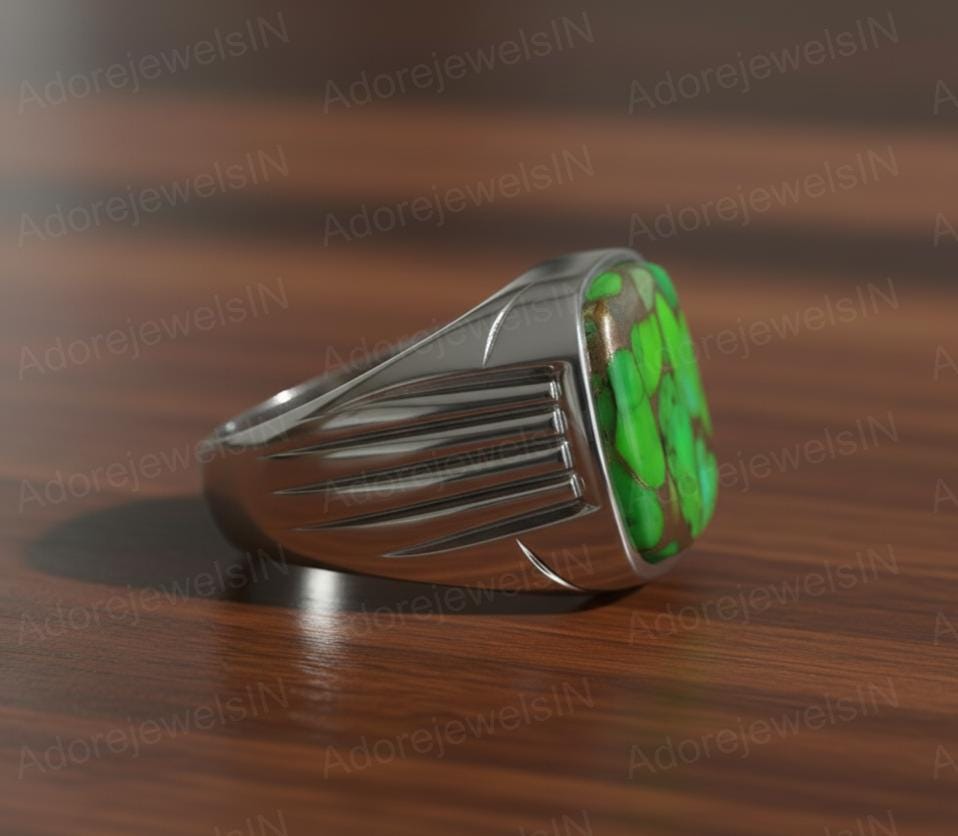 Sterling Silver Mens Ring, Green Copper Turquoise Gemstone, Ottoman Style
