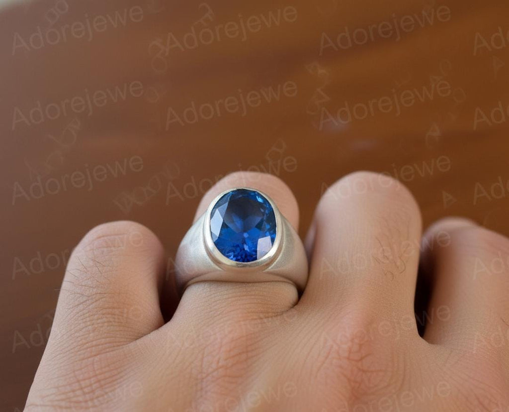 Sapphire Sterling Silver Signet Ring, Oval Stone (12x16mm)